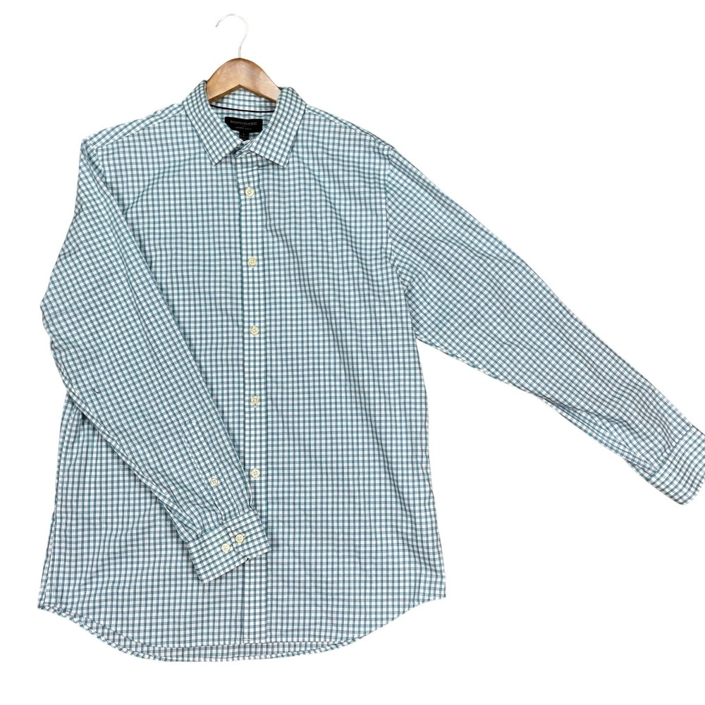 Banana Republic Button Down Shirt Mens Large Teal White Gingham Check Slim Fit